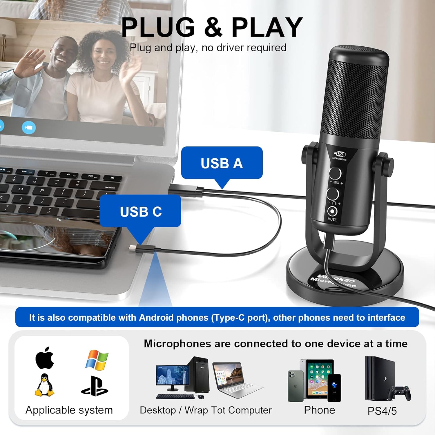 Aokeo Usbマイク コンデンサーマイク パソコンマイク プレステマイク 単一指向性 イヤホン出力端子付き Usb A Cの分岐ケーブル付き ポップガード付き ワンタッチミュート Youtube Skype Discord Zoom 録音 ゲーム実況 ボイズチャット ライブ配信 在宅勤務 テレワーク Web