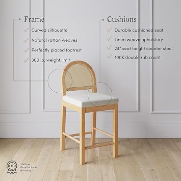 Nathan James Bailey Upholstered Rattan Bar Stool Oak Finish Frame Counter Height Stool with Natural Rattan Weave Back for Kitchen Island, Brown