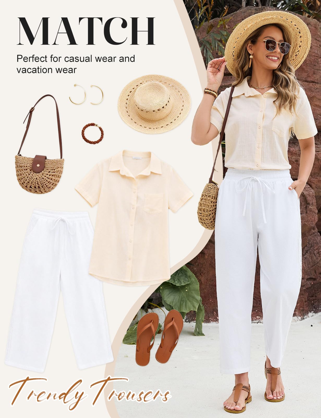Pantalon Femme Été 7/8 Coton Pantalons Taille Haute Elastique Fluide Pantacourt Décontracté Côtés en Dentelle de Plage Vacances avec Poches