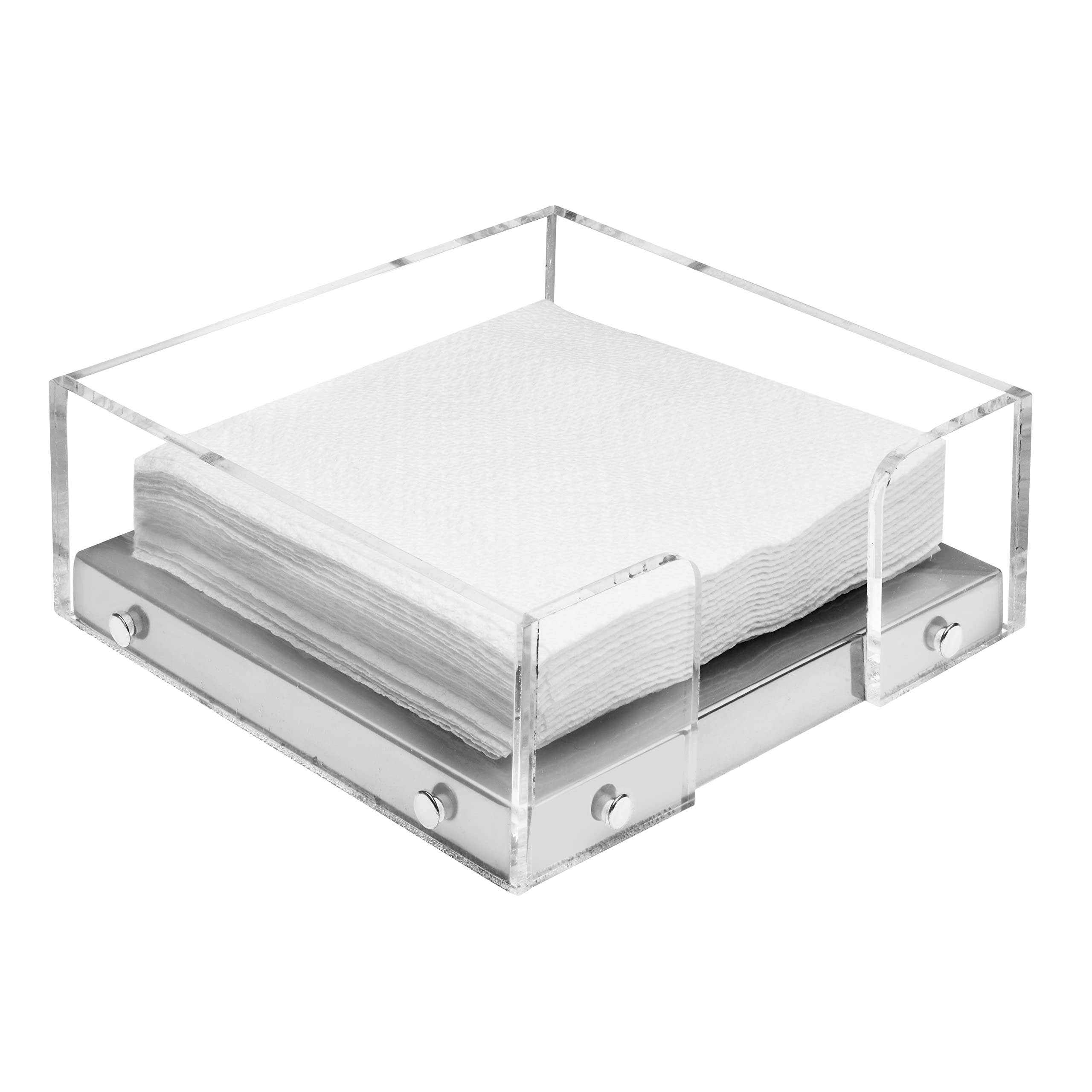 Servilletero moderno para cocina, servilletero sentado para mesas, acrílico transparente y base de acero plateado, decoración de cocina y comedor