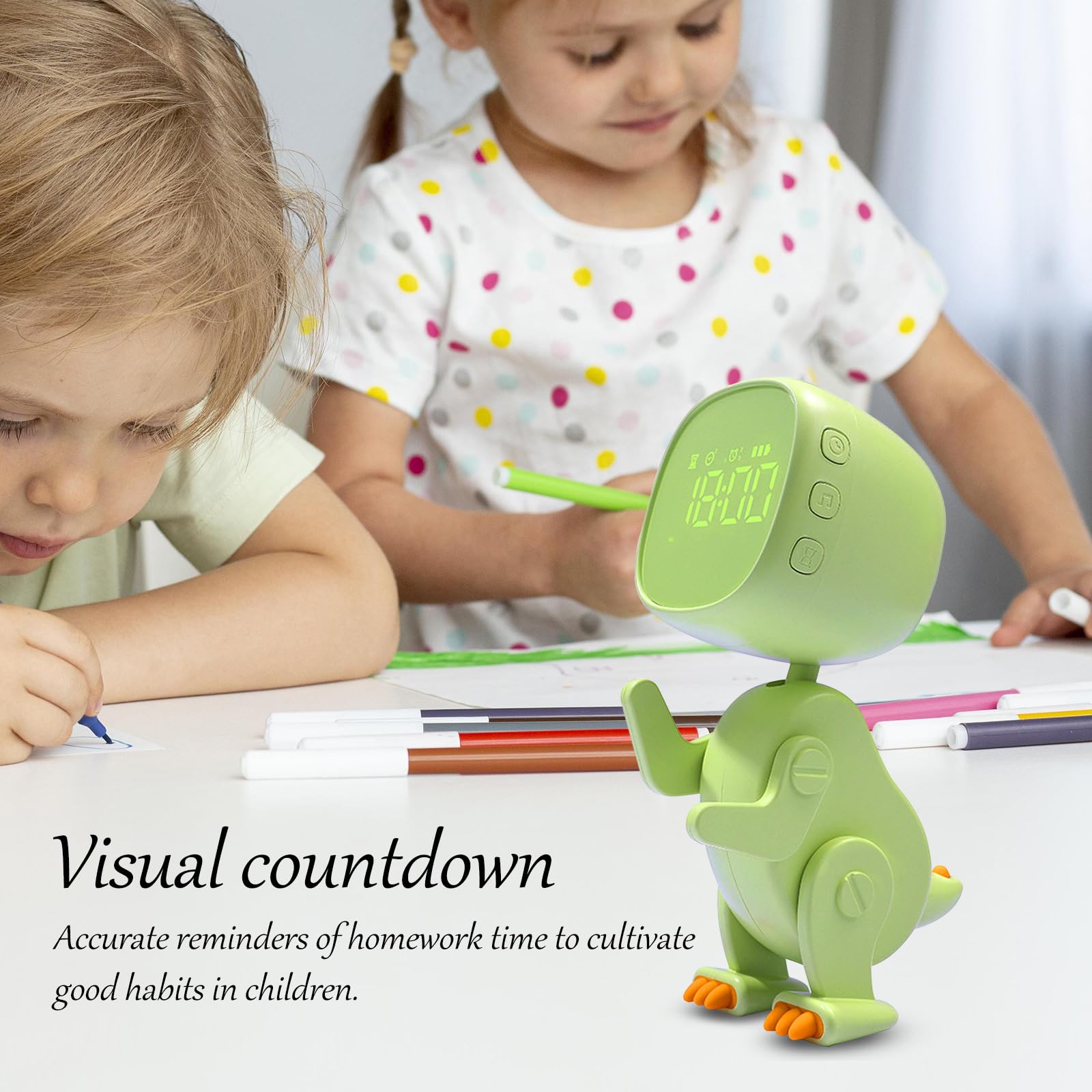 Reloj despertador digital para niños, luz nocturna de dinosaurio con 3 grupos de alarma, sonido y brillo regulable en carga USB, color verde