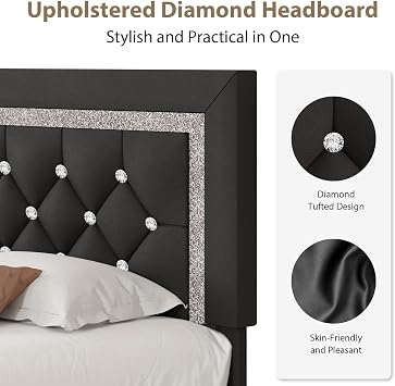 BarnFurin Twin Bed Frame with Tufted Button Headboard, Black