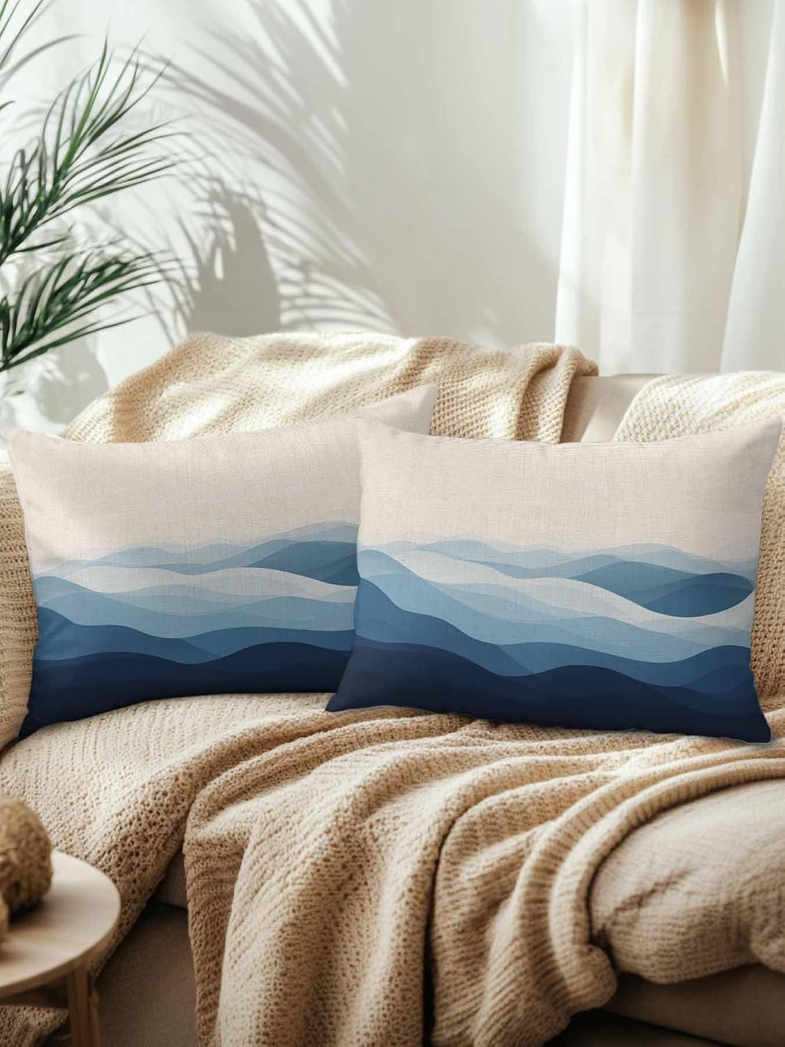 Outdoor Waterproof Throw Pillows Gradient Blue Water Ripple on Linen Patio Pillows Pack of 2,Decorative Pillow Covers with Insert,Pillow Cushion Case for Garden Couch Sofa Retro Ocean Wave