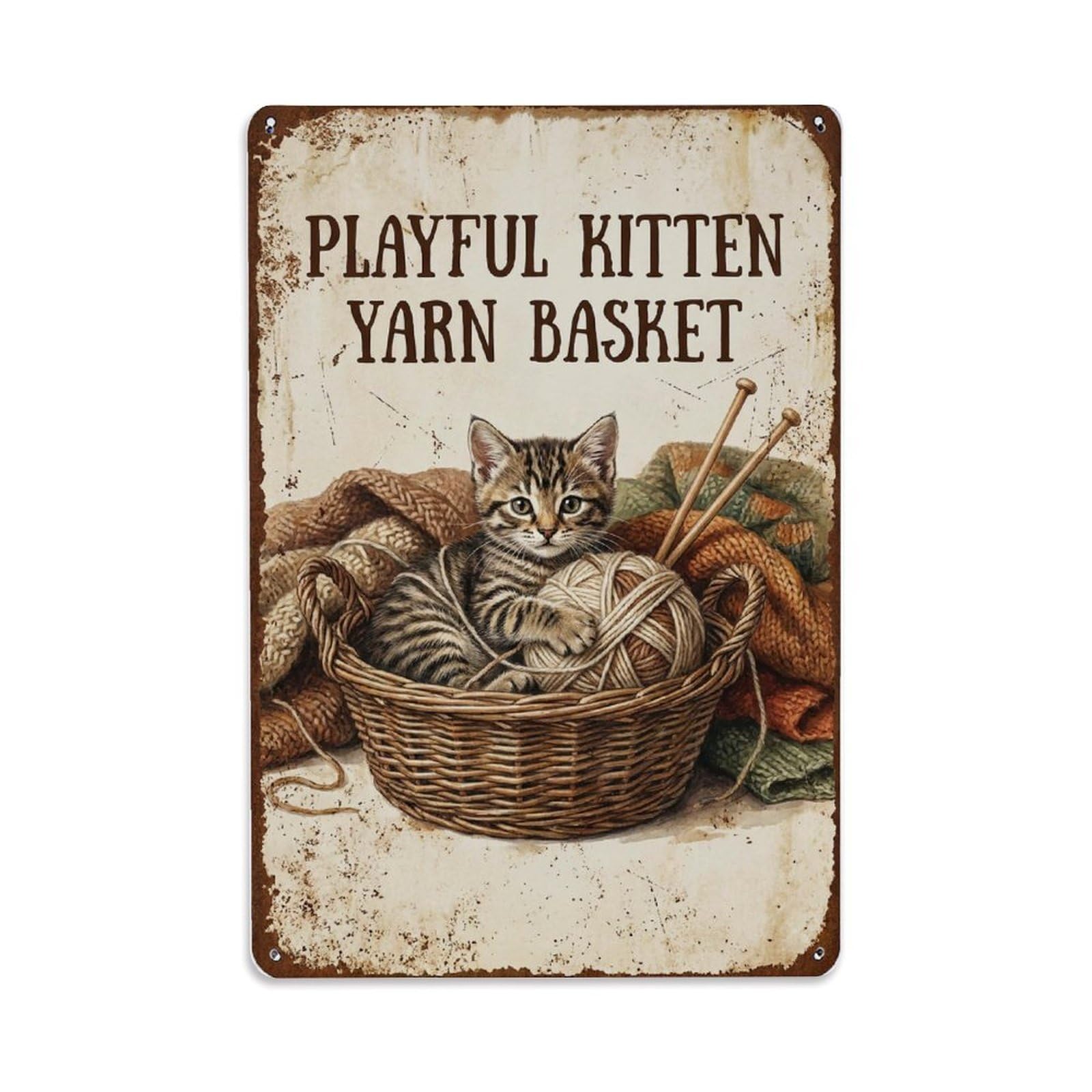Playful Kitten Yarn Basket Fireside Metal Tin Sign Plaque Wall Decor for Cafe, Club Bar, Office, Home Garden Metal Poster 8x12Inch