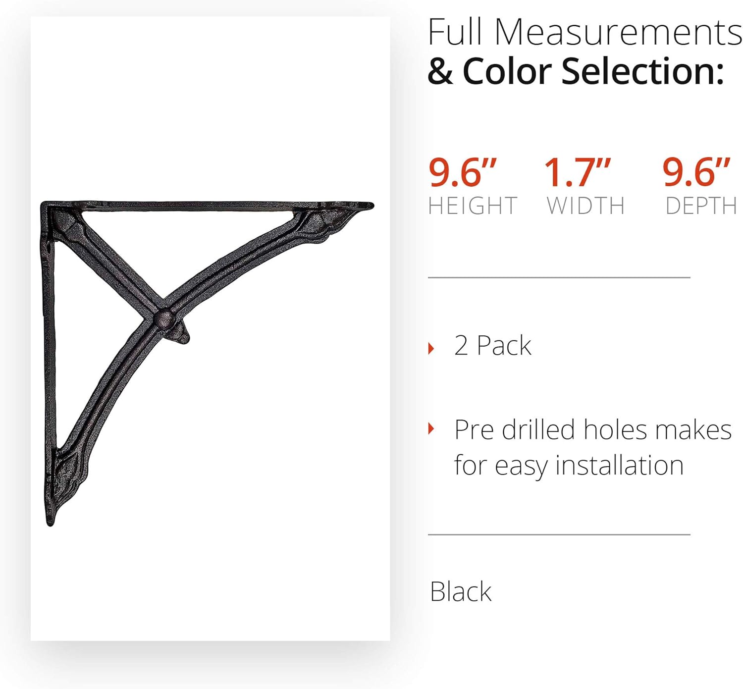 NACH Decorative Shelf Brackets, 2 Pack of 9.1 x 1.5 x 9.1 inch, Black Cast Iron Wall Shelf Brackets - Metal Brackets for Shelves - Half Round Support Arm Brackets
