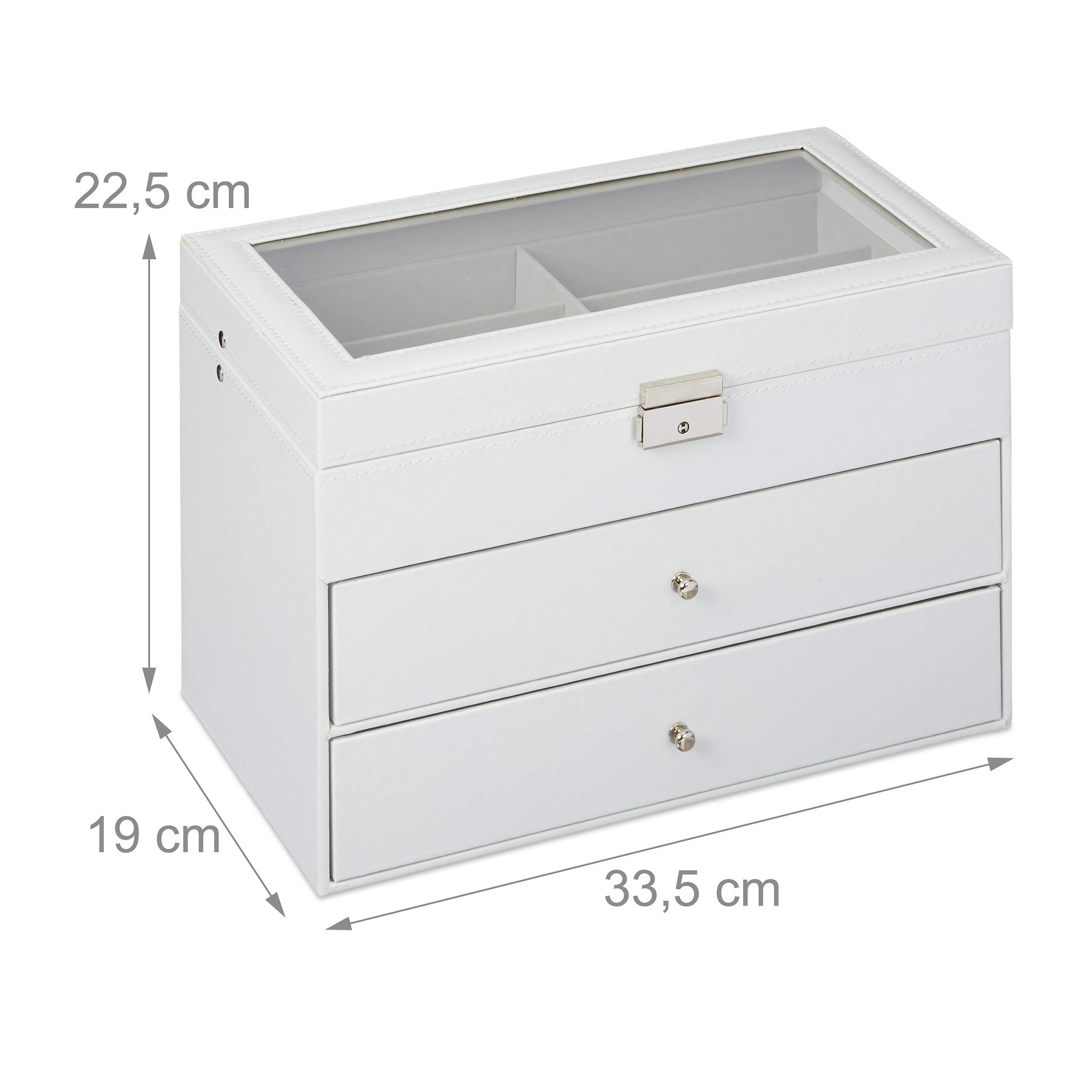 Relaxdays Caja Gafas con 18 Compartimentos, Organizador, 1 Ud., Cuero Sintético-Cristal, 22,5 x 33,5 x 19 cm, Blanco