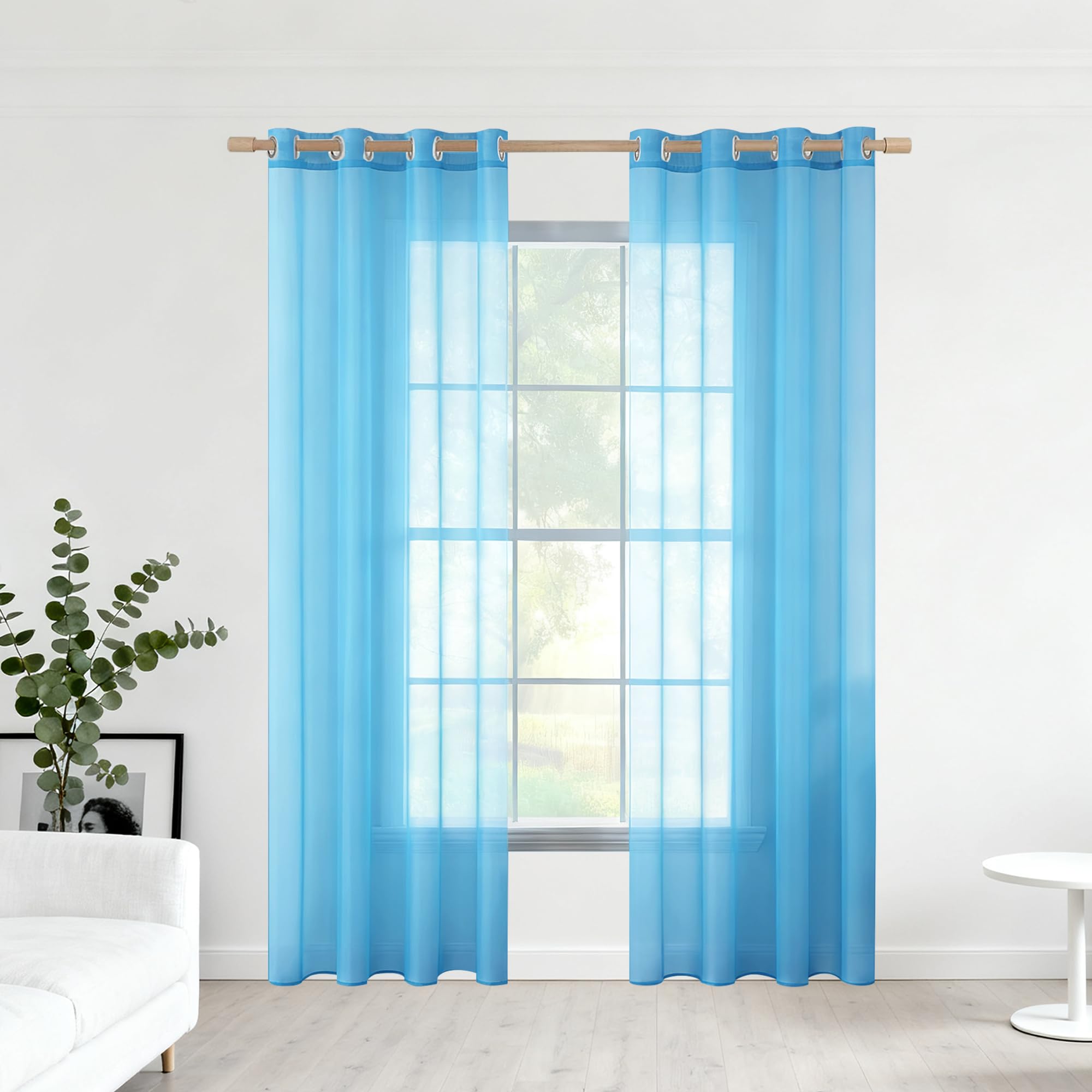 Jolis voilages bleu ciel légers et transparents à œillets pour salon 260x310