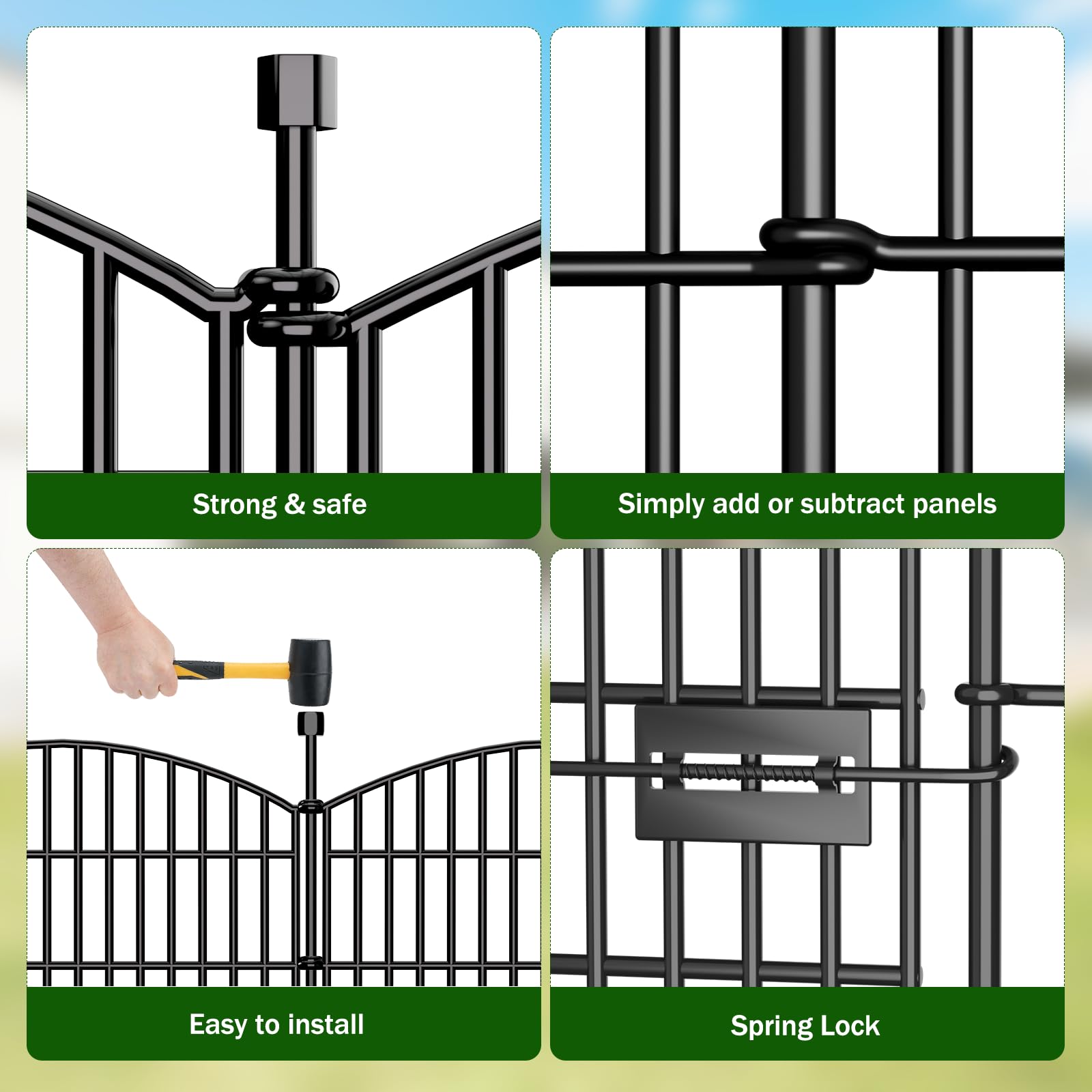 10 Panels Dekorative Gartenzaun Keine Grabenarbeit mit Tür – 102 cm (H) x 7,2 m (L), Hundezaun für Außenbereich im Garten, rostfreie Tierbarriere mit Bodenankern für Garten, Terrasse, Blumenbeet