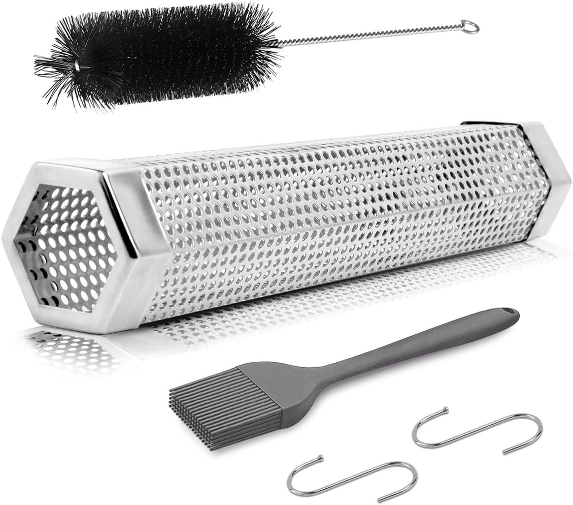 Pellet Smoker Tube, 12" Stainless Steel Wood Tube Smokers for Hot/Cold Smoking - 5 Hours of Billowing Smoke - Practical Smoker Attachment with Basting Brush and Cleaning Brush for Any Grill and Smoker
