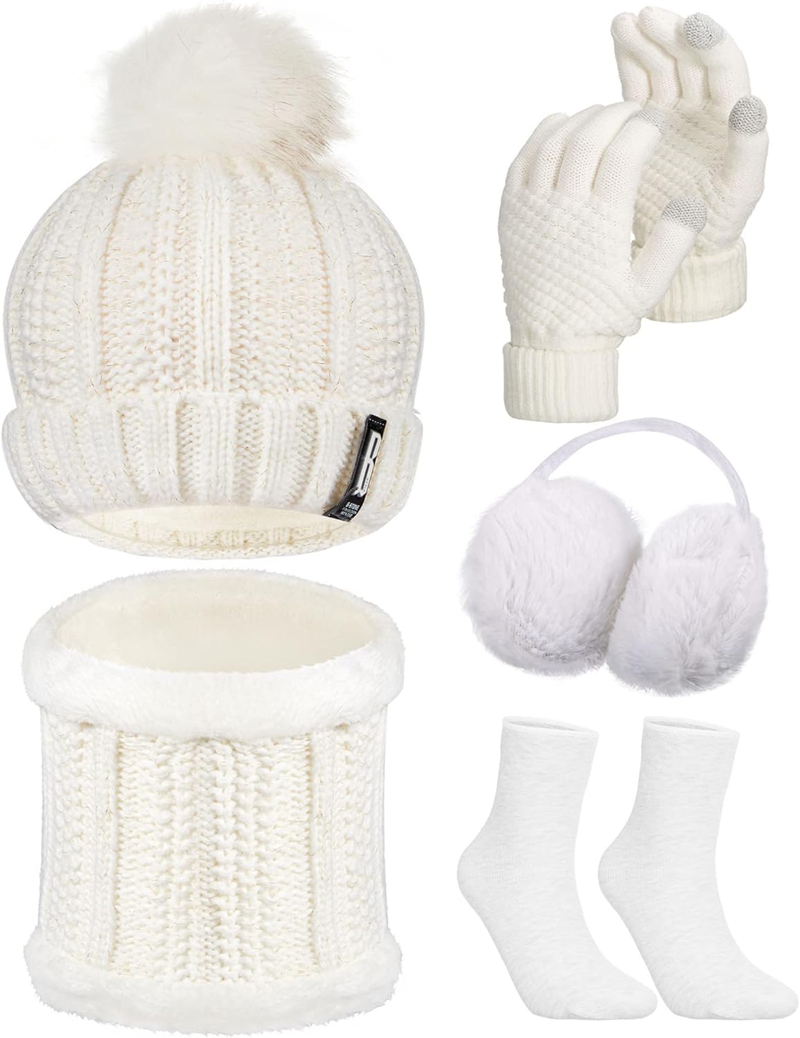 5 Pieces Women Winter Ski Outing Set, Knit Hat Scarf Gloves Earmuffs Stockings