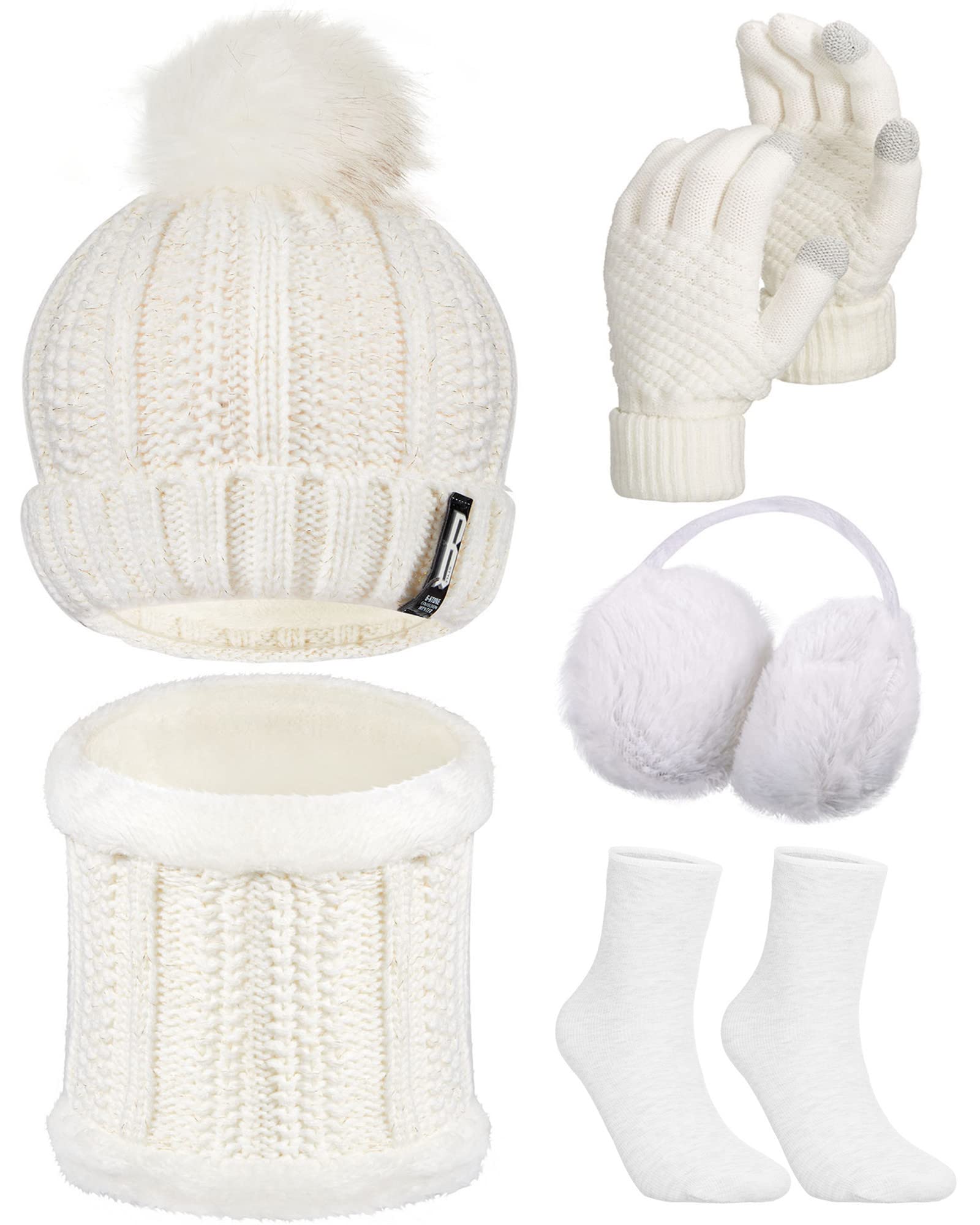 5 Pieces Women Winter Ski Outing Set, Knit Hat Scarf Gloves Earmuffs Stockings-image-26