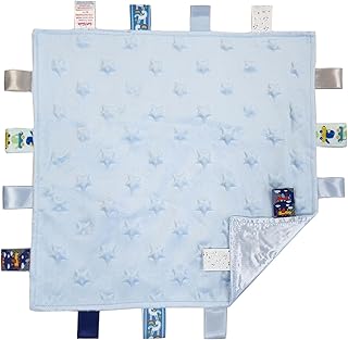 Soft Touch Taggie Comforter Baby Comfort Blanket with Sensory Tags and Bubble/Heart/Star/Foil Print Pattern (Blue Star)