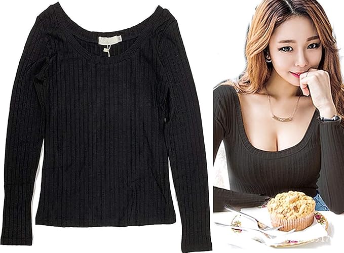 Amazon ミラココ トップス 胸元 セクシー Tシャツ 長袖 リブ ニットソー カットソー Uネック レディース インナー 秋 冬 服 かわいい 胸 あき 谷間 もて デート きれい 白 黒 ベージュ タイト ぴったり おしゃれ シンプル カジュアル