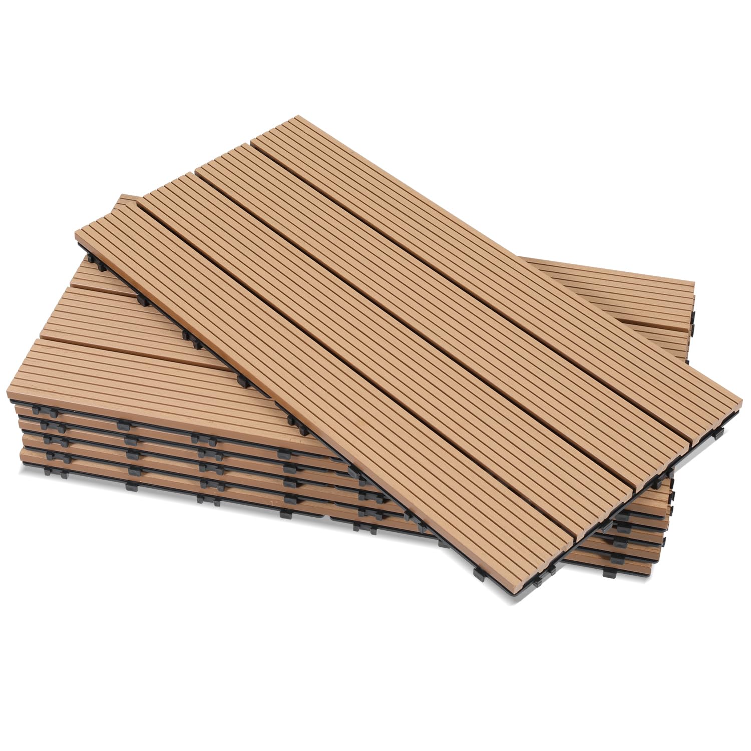 Randaco Lot de 12 dalles de balcon en WPC - 30 x 60 cm - Aspect bois - Pour 2 m² - Résistant aux intempéries - Avec fonction de drainage - Antidérapant - Facile à poser - Teck
