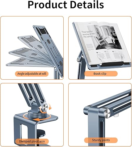 Miniatura 5 de SEZQMA Soporte ajustable para libros para lectura, brazo mecánico articulado multiarticulado, soporte para libro de cocina, soporte para libro de