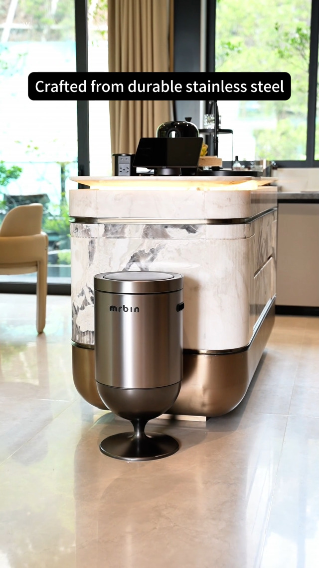 Image of MRBIN Metal Bathroom Motion Sensor Trash Can with Lid, 5.3 Gallon Wine Glass Shaped Automatic Waste Basket Touchless, Smart Round Tall Garbage with High Leg for Office, Bedroom, Kitchen, Cream White
