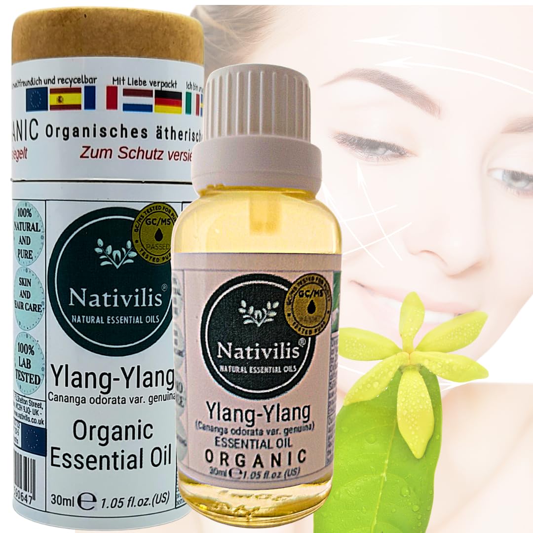 Nativilis - Juego de aceites esenciales orgánicos – Ylang-ylang, geranio, neroli, naranja dulce y bergamota, 5 x 30 ml, aromaterapia floral y cítrica para relajación y bienestar