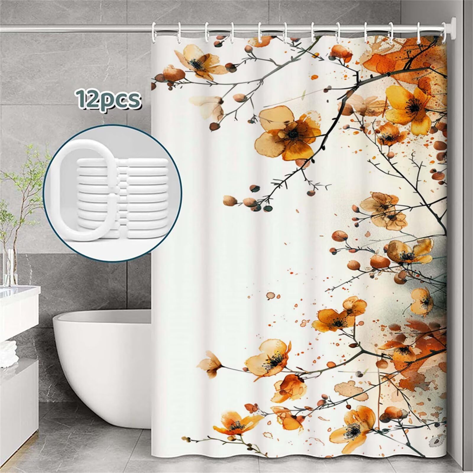 Tenda Doccia in Poliestere arancia,Tende per Doccia Extra Lunga 240x200cm,fiore Tenda Vasca da Bagno Tessuto Lavabile,Impermeabile e Facile da Pulire,con 12 Ganci,Decorazione per Bagno,Hotel Z-442