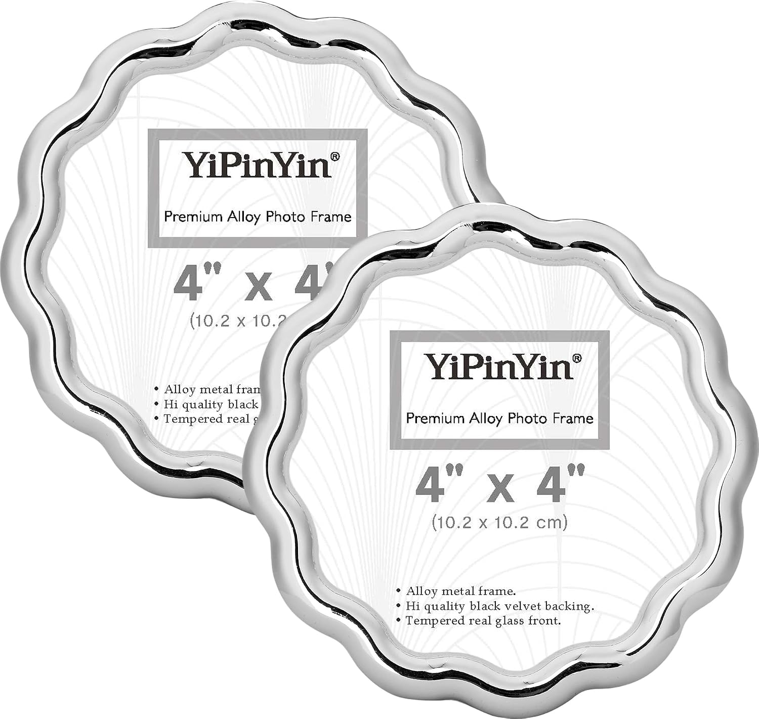 YiPinYin High-End Silver 4x4'' Round Zinc Alloy Picture Frames 2 Pack,Unique Wave Design,Heavy Weight Real Glass Photo Frame with Premuim Soft Velvet & Backing for Tabletop or Home Decor