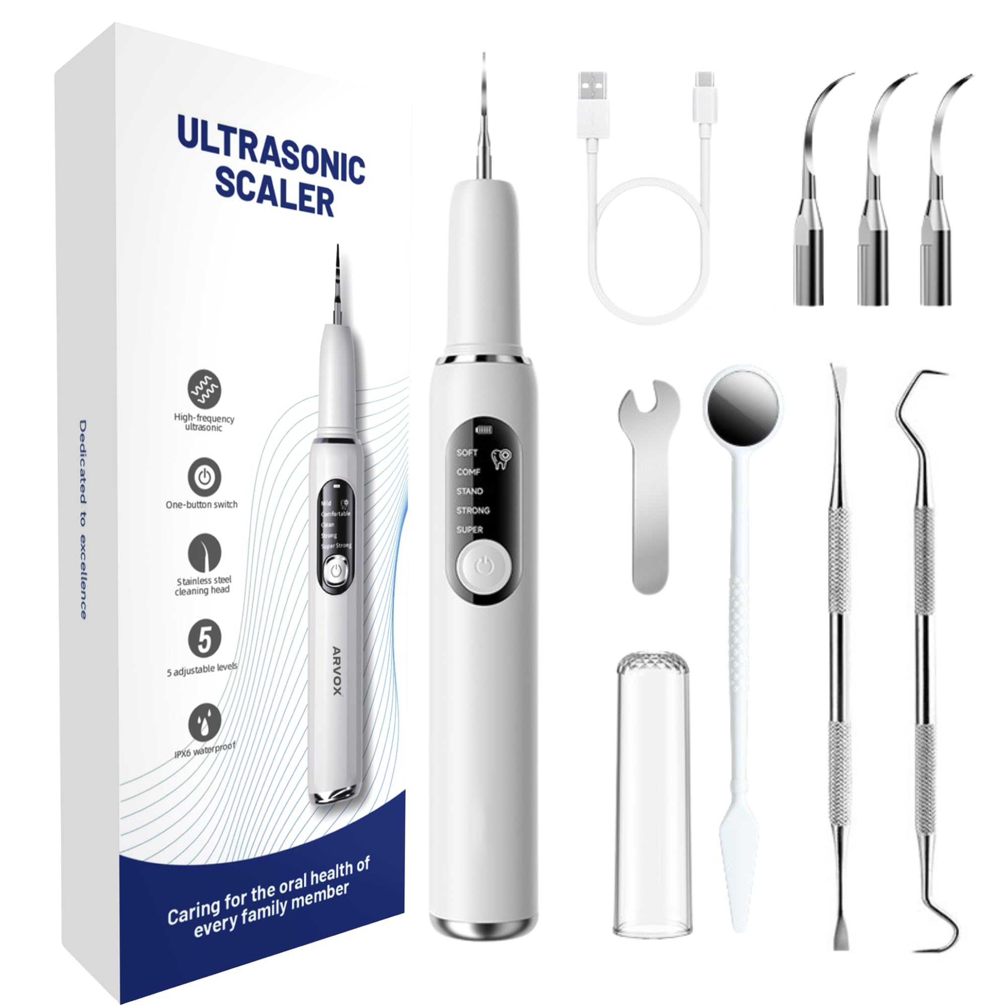 Arvox Electric Teeth Whitening Kit – Instant Teeth Stain Remover, Teeth Tartar Plaque Remover with 5 Adjustable Mode & 3 Replacement Head, Tooth Cleaning Kit with LED for a Brighter Smile