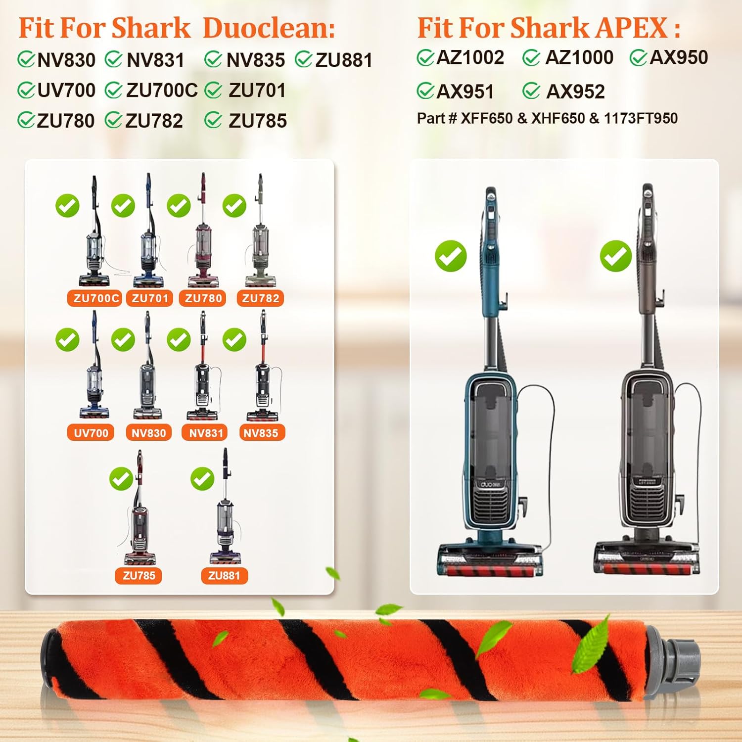 2 Pack Brushroll Replacement AX950 AX951 AX952 AZ1000 AZ1002 Compatible with Shark Apex & Duoclean Vacuum NV830 NV831 NV835 UV700 ZU700C ZU701 ZU780 ZU782 ZU785 ZU881, Part # 1173FT950 & 1395FC831