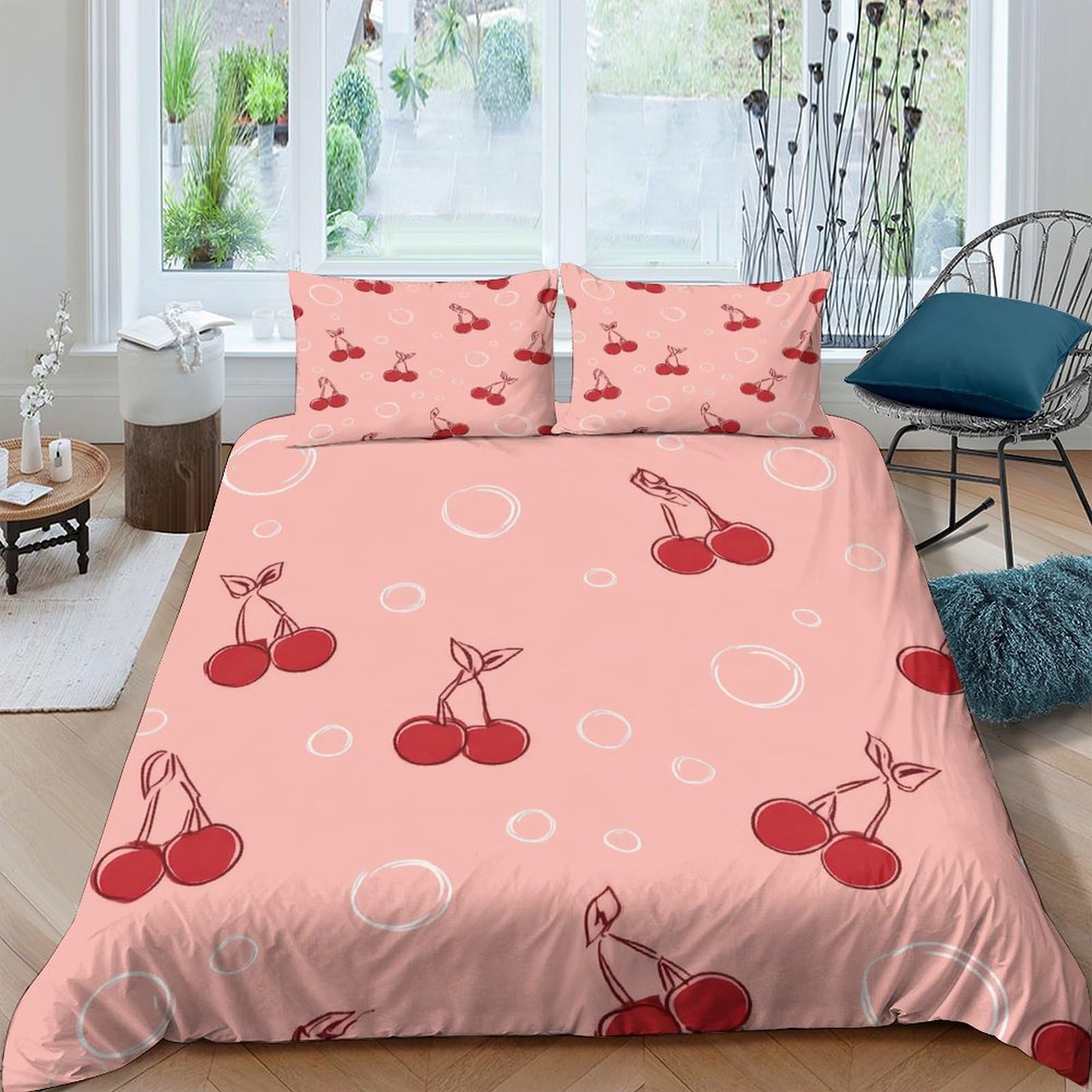 Ctjqhvkz Style-4 3D Printed Cherry Pattern Fitted Sheet Microfiber Soft Pink Bedroom Decor Fruit Bed Cover For Adults Teens Single（135X200cm）