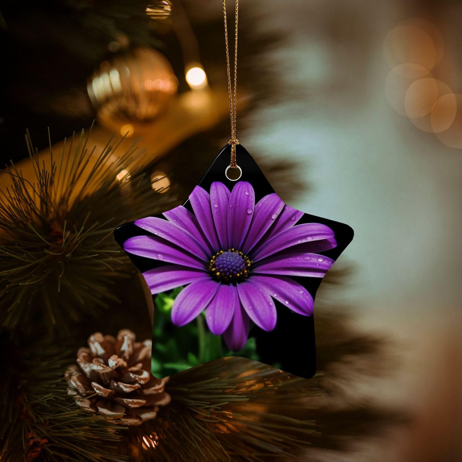 Christmas Tree Ornaments Ceramics Christmas Decorations Purple Daisy Ornaments with Gold Ribbon Porcelain Xmas Tree Crafts Star Shape Hanging Pendant for Christmas Tree Party Decor