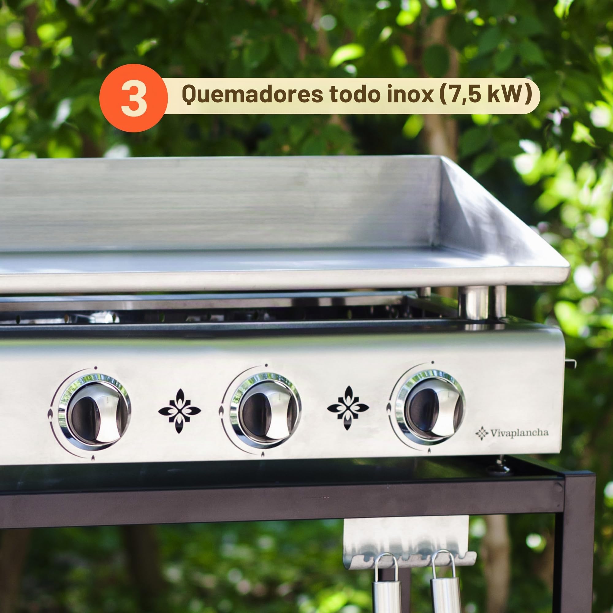 Plancha Gas Inox Placa de acero inoxidable macizo 6 mm de espesor Bandeja de cocción Semi Profesional (3 + Accesorios)