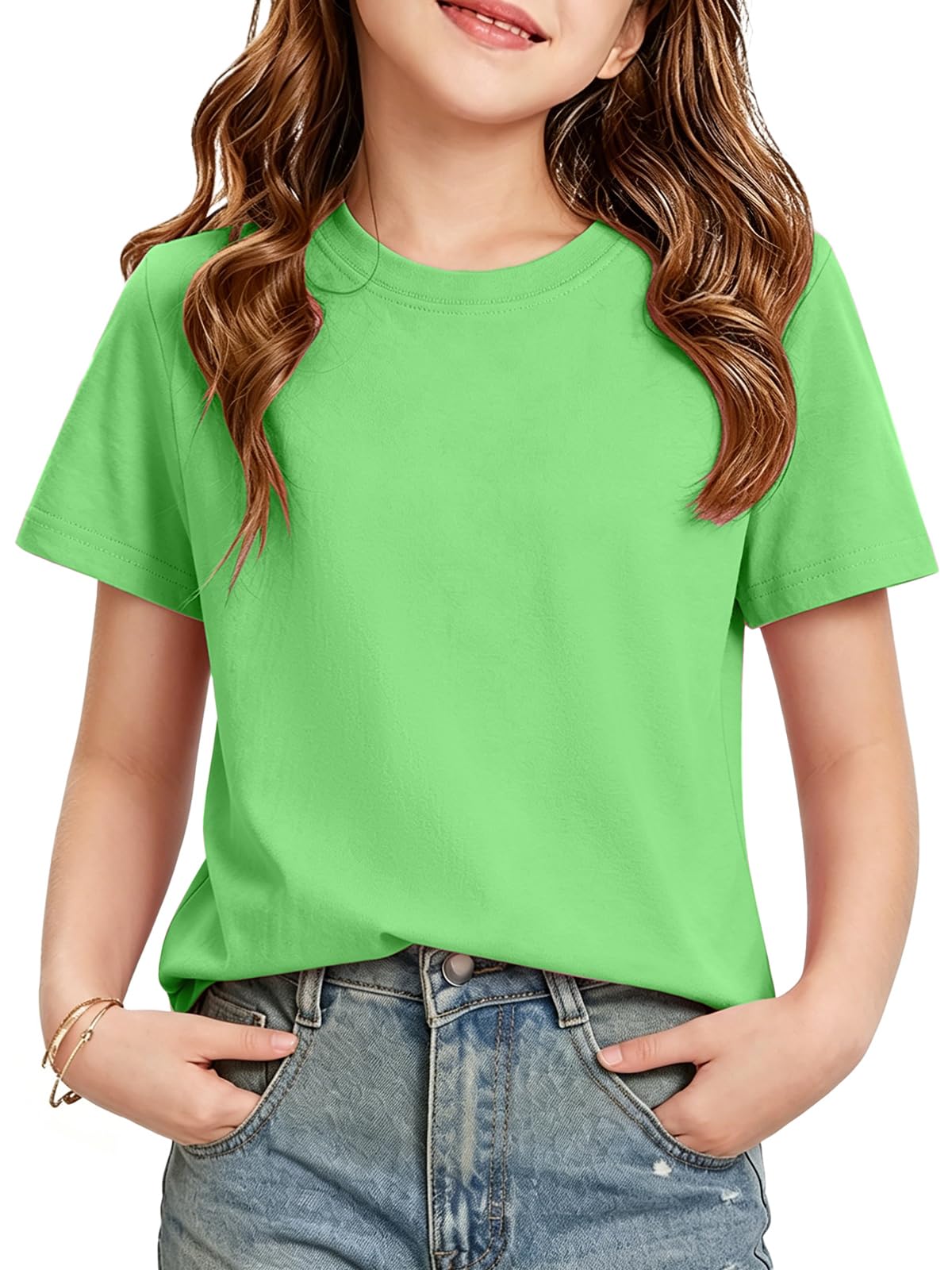 HOTIAN Camisetas para niña Verano Cuello Redondo Algodón Manga Corta Tops Liso Casual Deportes Manga Corta Tops Tees