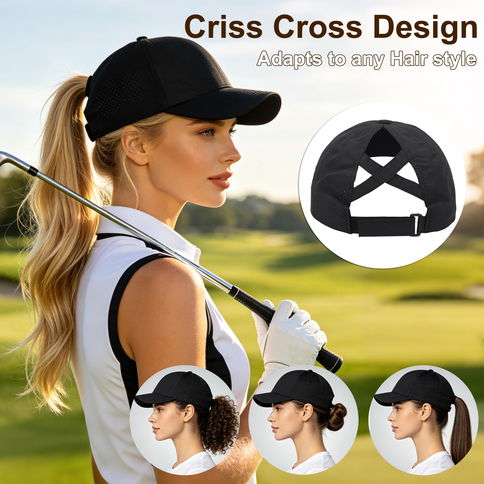 6 gorras de béisbol de malla para mujer con tiras cruzadas para cola de caballo