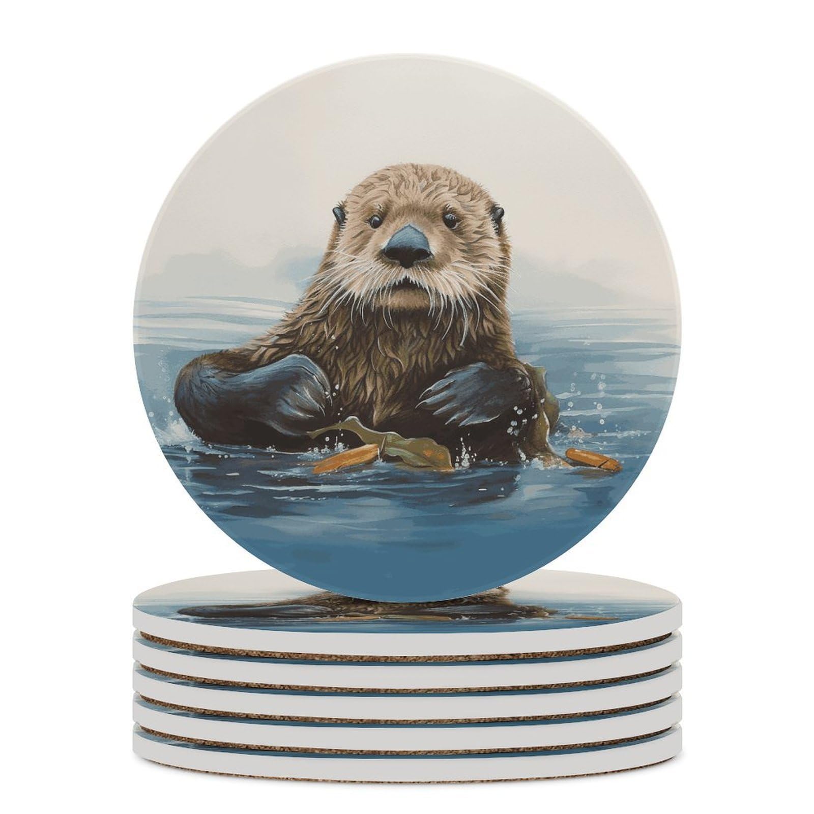 Sea Otter Coaster with Cork Base Drink Coasters for Coffee Table Decor Modern Cup Coasters with Non-Slip & Heat-Resistant Cute Ceramic Table Coaster for Home Dining