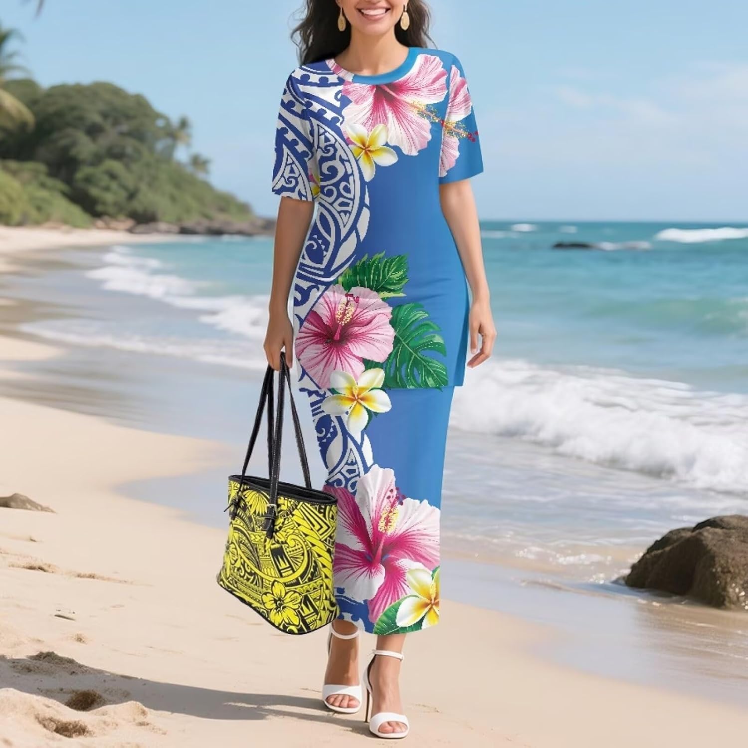 Puletasi Samoan Traditional 2 Piece Outfits for Women Short Sleeve Crop Top and Maxi Skirt Sets Puletasi Dress