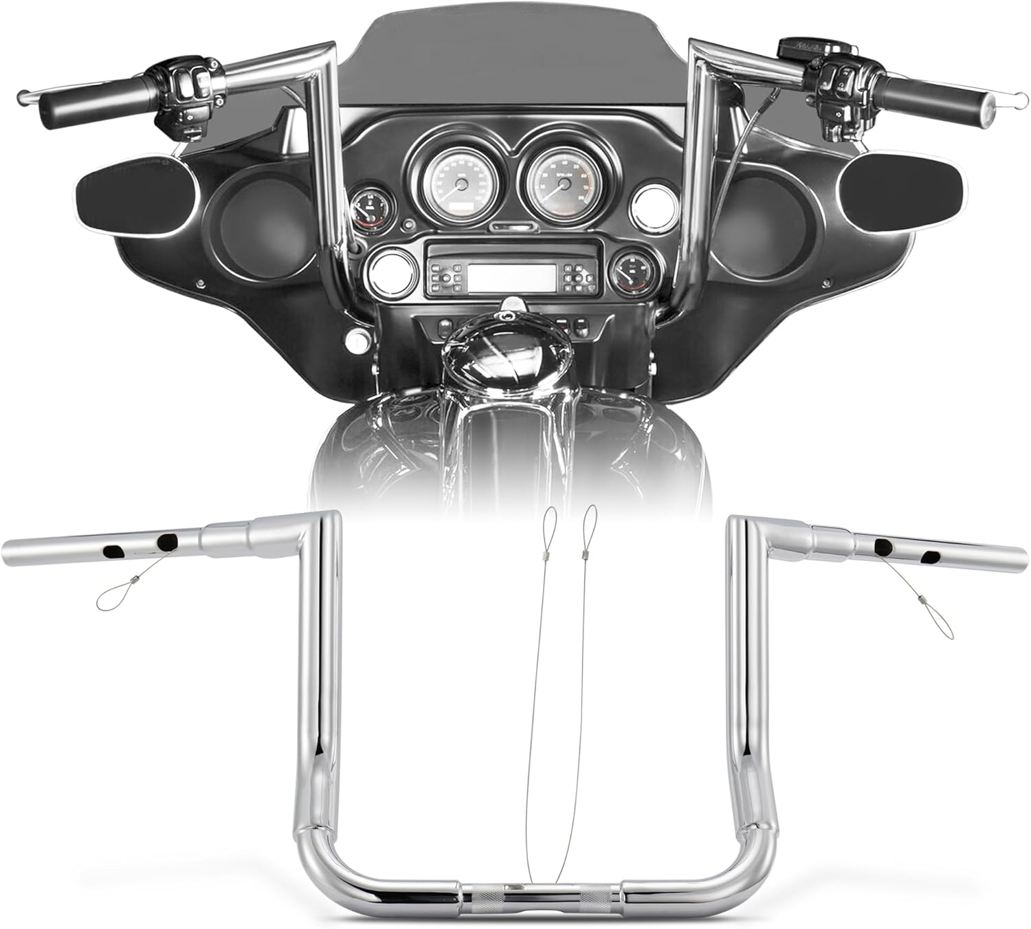 1 1/2 Inch Street Glide Handlebar 12" Rise Right-angle Bar 1.5" Fat 1" Clamp Ape Hangers for Harley 2023-later CVO Street Glide FLHXSE & 2024 2025 2026 FLHX Models, Chrome