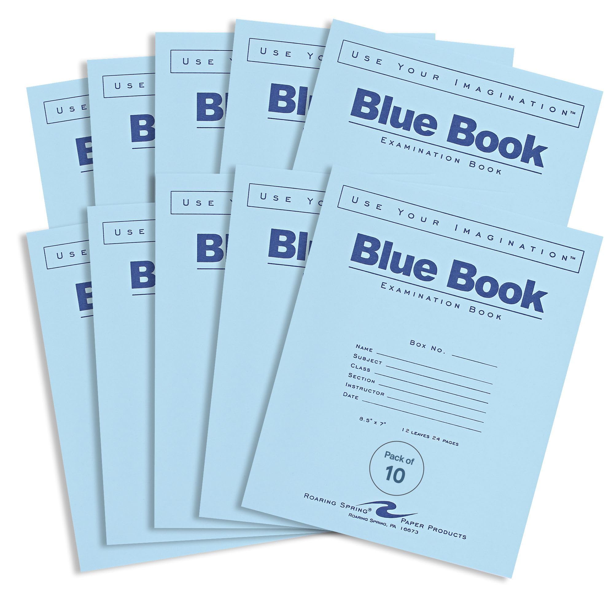 Carnet d'examen bleu Roaring Spring lot de 10 copies grands carreaux pour étudiants