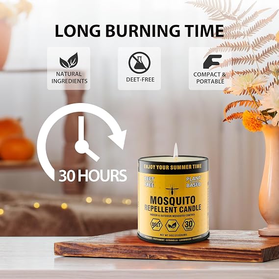 Mosquito Repellent Candle Plant-Based Essential Oils with Citronella, Lemongrass & Rosemary Outdoor Use