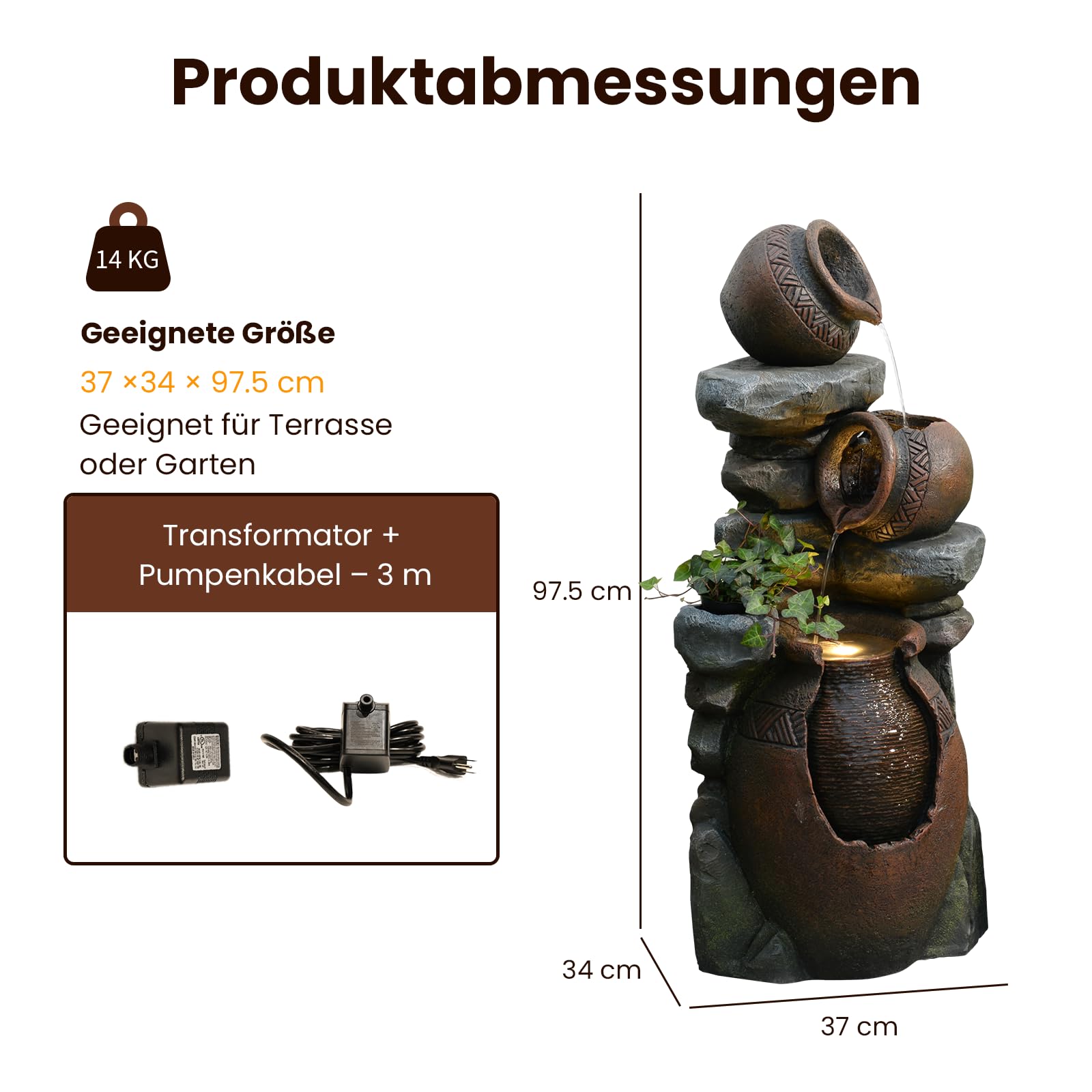 Sunlinua 3-stufiger Gartenbrunnen für Außen in Steinoptik mit gestapelten Tongefäßen – Harz-Wasserfall Garten mit LED-Beleuchtung für Terrasse, Balkon oder Eingangsbereich, 37×34×97,5 cm | Braun