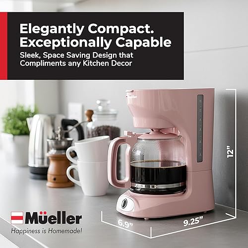 Miniatura 7 de MUELLER HOME Cafetera rosa de 12 tazas, jarra de borosilicato, apagado automático, accesorios de cocina rosa, filtro reutilizable, antigoteo,