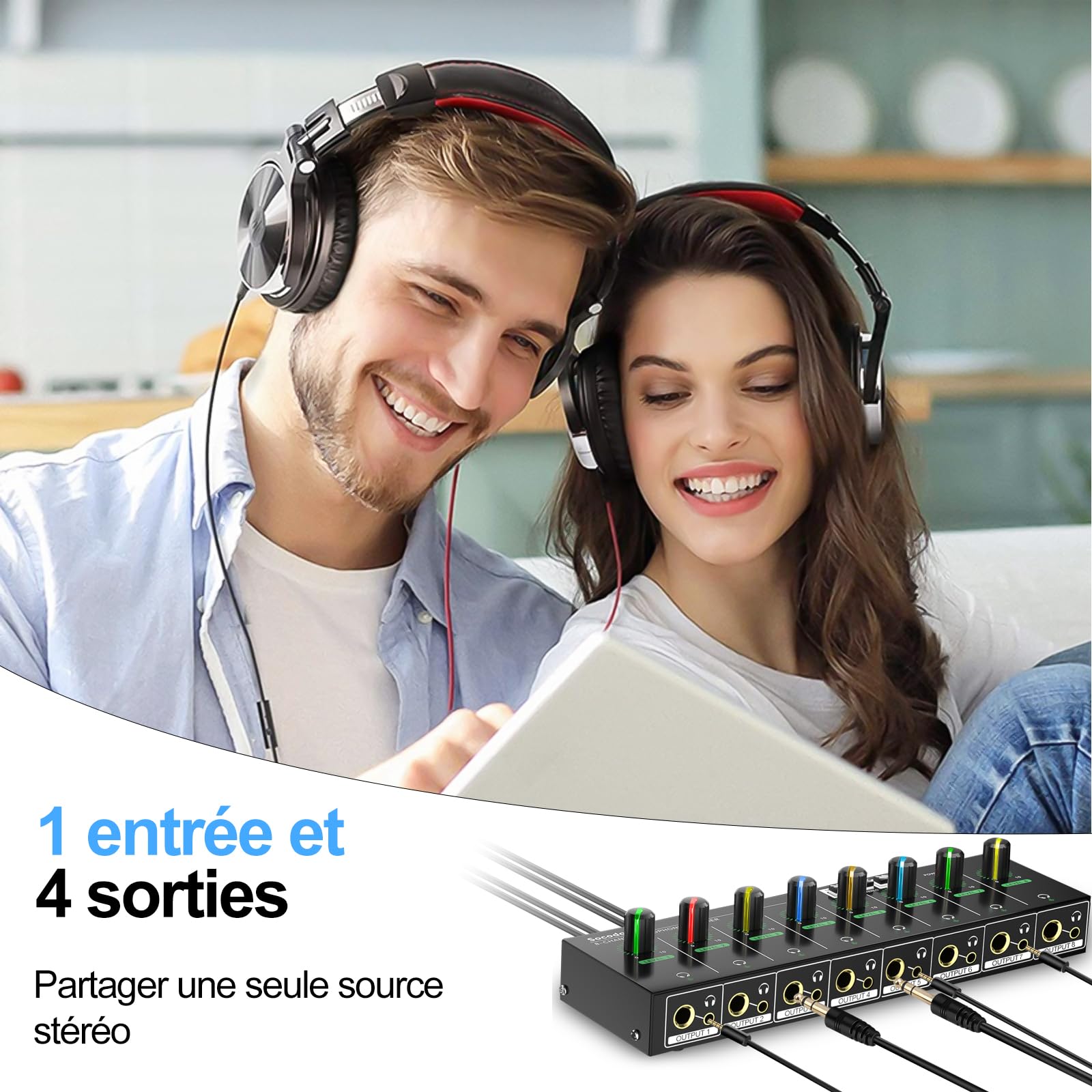Amplificateur de Casque à 4 canaux avec Prises RCA 3,5 mm/6,35 mm, mélangeur Compact en métal avec 8 Ports de Sortie pour Casque, Interrupteur stéréo, Fonction muet, lumière RVB (8 canaux)