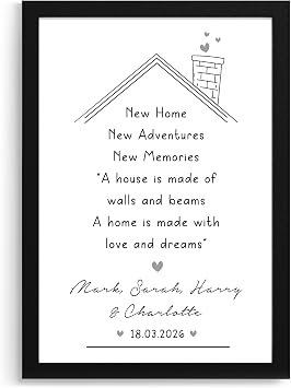 Beecreative New Home Gifts - Personalised First Home Gift Idea for House Warming Presents - Custom Print with Couples and Family Names - New Adventures and New Memories Keepsake