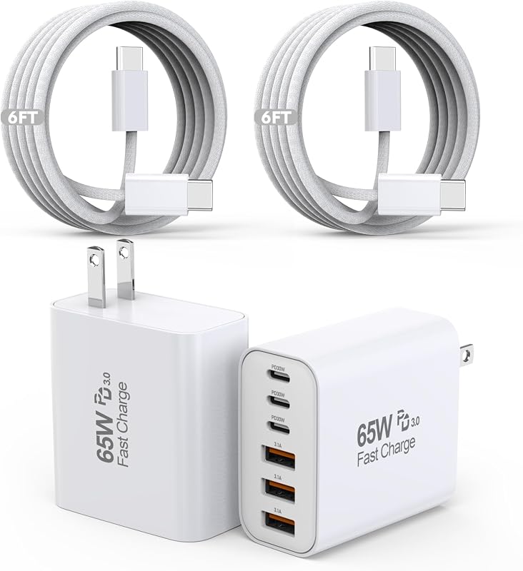 65W USB C Charger Block, 2Pack 6-Port Fast Charging Block with 6ft Long TypeC to TypeC Woven Cable Cord,Multiport Plug,USB C Power Adapter for iPhone 17/17 Air/17 Pro/16/16e/16 Pro Max/15,iPad,AirPods