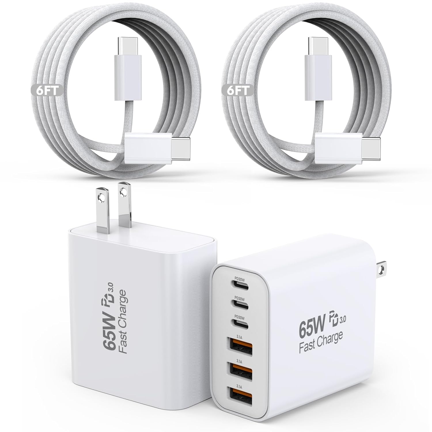 65W USB C Charger Block, 2Pack 6-Port Fast Charging Block with 6ft Long TypeC to TypeC Woven Cable Cord,Multiport Plug,USB C Power Adapter for iPhone 17/17 Air/17 Pro/16/16e/16 Pro Max/15,iPad,AirPods