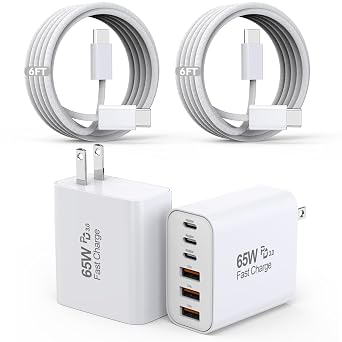 65W USB C Charger Block, 2Pack 6-Port Fast Charging Block with 6ft Long TypeC to TypeC Woven Cable Cord,Multiport Plug,USB C Power Adapter for iPhone 17/17 Air/17 Pro/16/16e/16 Pro Max/15,iPad,AirPods