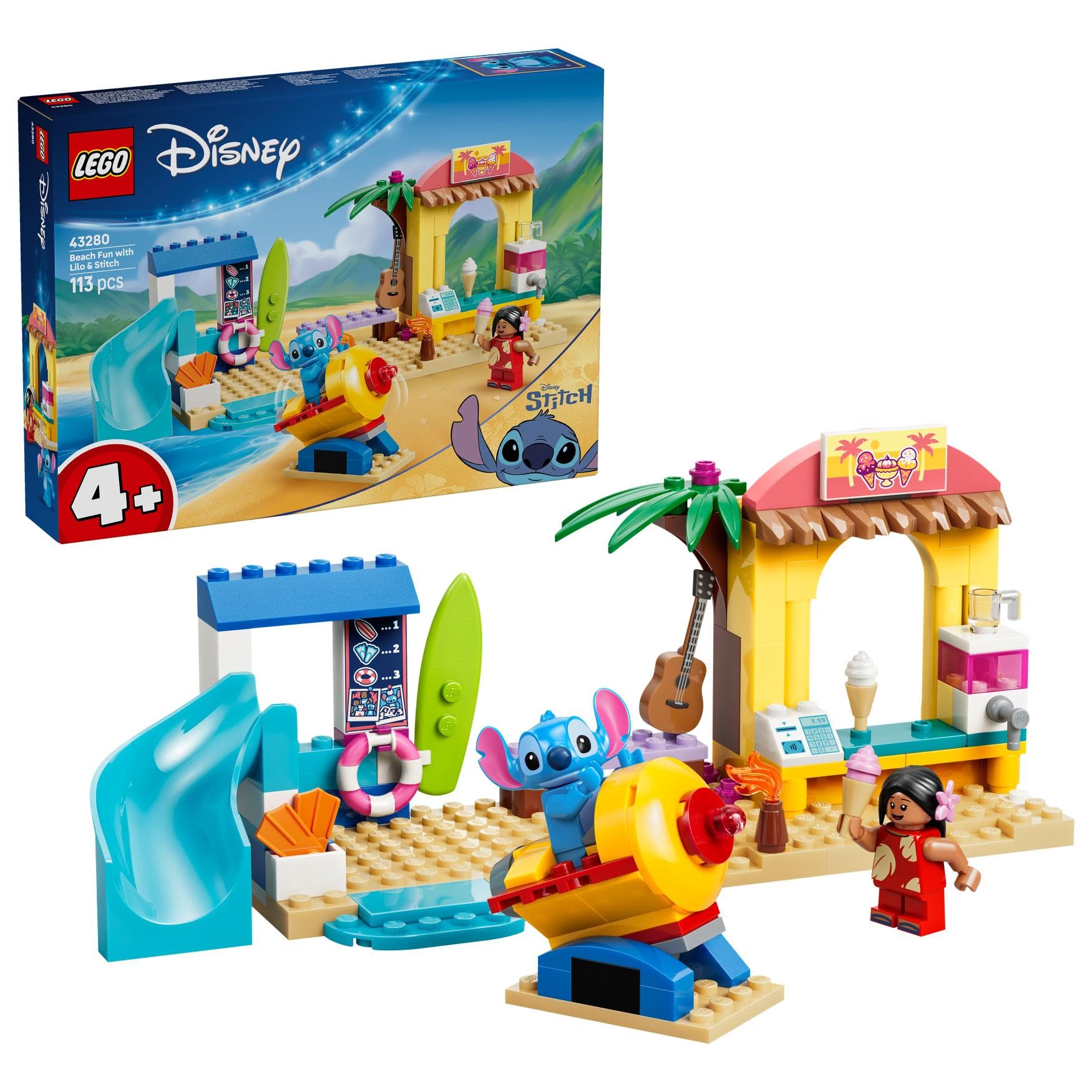LEGO ǀ Disney Jeux de Page avec Lilo et Stitch - Jeu Éducatif avec 2 Magasins, Manège Fusée & 2 Minifigurines - Set Montessori - Cadeau d'anniversaire pour Fille ou Garçon dès 4 Ans 43280