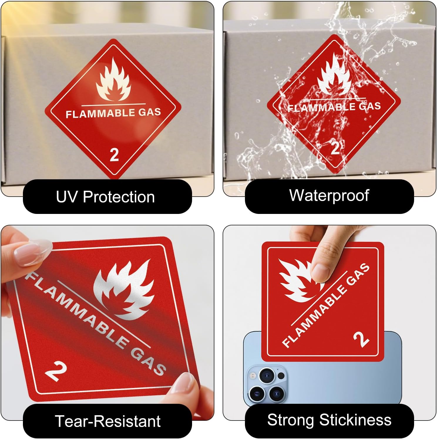 500 PCS Hazard Class 2 D.O.T. Flammable Gas Labels 4 × 4 Inches Waterproof Vinyl Self Adhesive Removable Stickers for Shipping Transportation Storage