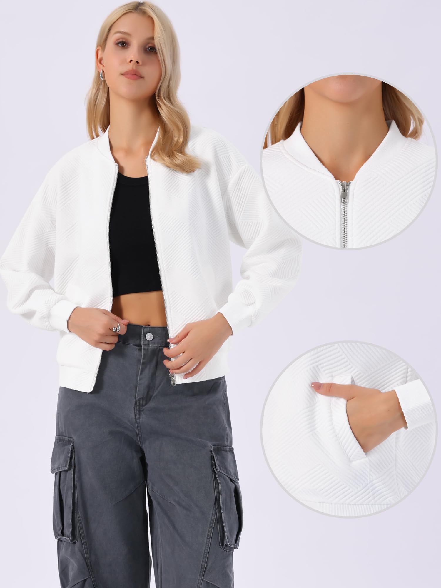 Allegra K Blouson Décontractée Femme Aviateur Col Rond Texturé Style Baseball Veste Bomber Manches Longues