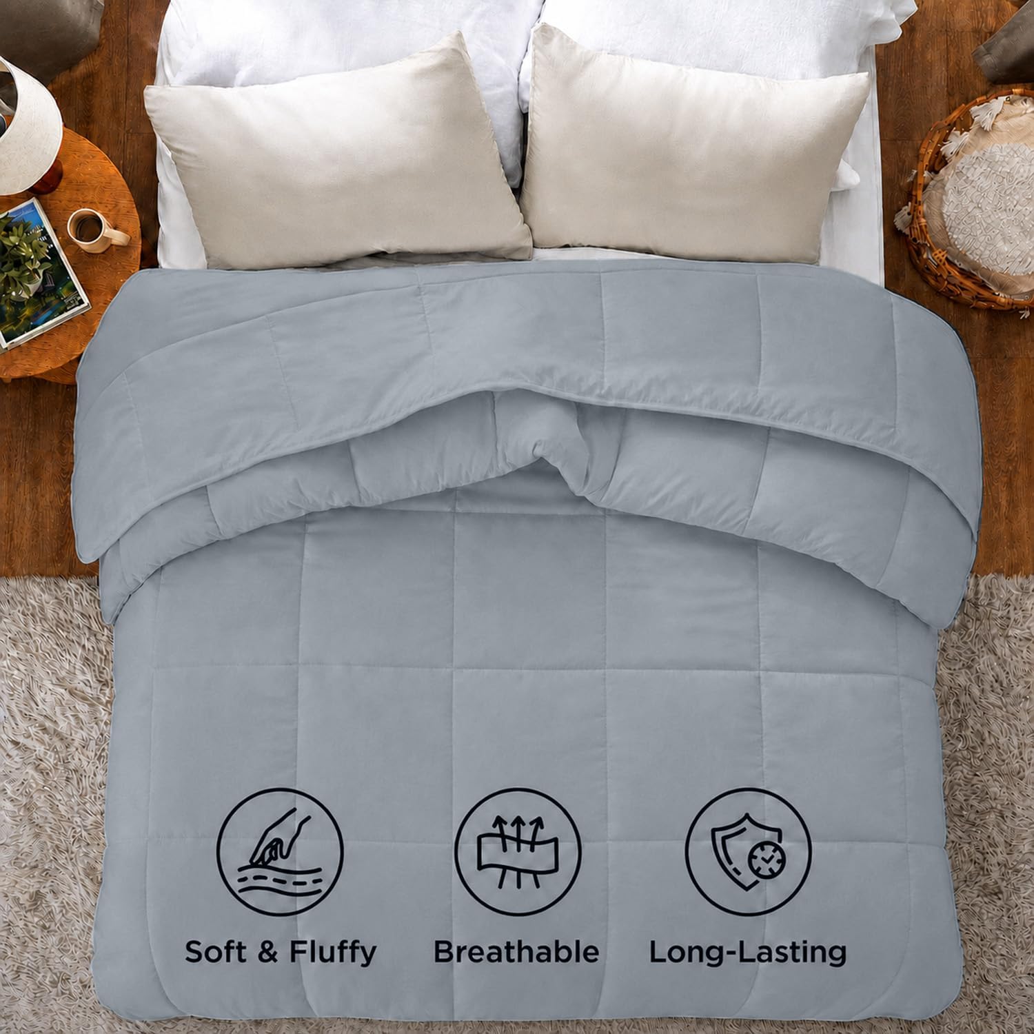 Ultra-Soft Goose Down Alternative Comforter, 350 GSM Plush Siliconized Fiberfill Superior Comfy and Cozy Feel, Fluffy Fiber-Filled Cloud Shaped Hypoallergenic, Breathable,Silver -Queen