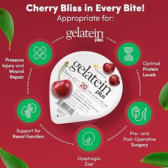 Gelatein Plus Cherry: 20 grams of protein. Ideal for clear liquid diets, swallowing difficulties, dialysis and oncology. Great pre or post-workout snack. (36 pack)