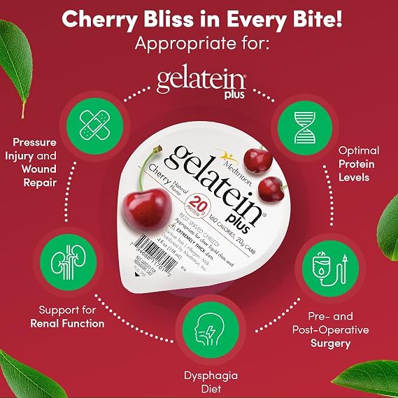 Gelatein Plus Cherry: 20 grams of protein. Ideal for clear liquid diets, swallowing difficulties, dialysis and oncology. Great pre or post-workout snack. (36 pack)