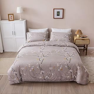 OLDBIAO Bed Linen Set of 3 Microfibre Duvet Cover 200 x 220 cm and Pillowcases 80 x 80 cm, Aesthetic Flower Branch Design, Grey Duvet Cover for Double Bed