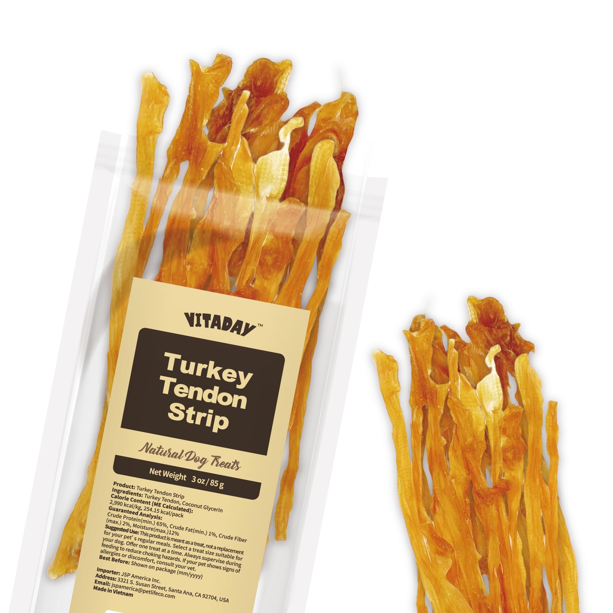 VITADAY Turkey Tendon for Dogs, Turkey Tendon Strip 3 oz, 100% Natural, USA-Sourced, High-Protein, Low-Fat, Long-Lasting Dog Chew, Rawhide Alternative, Hypoallergenic Puppy & Dog Treats